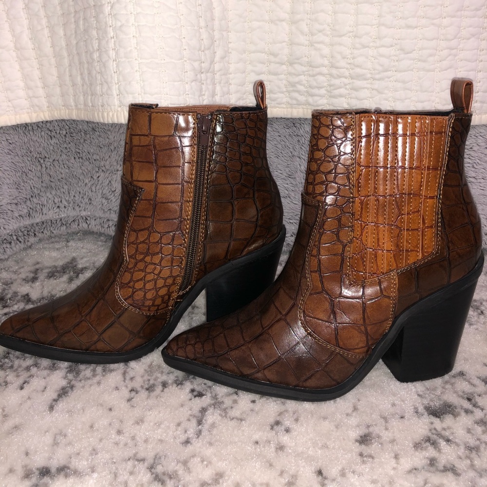 ASOS Brown Croc-Embossed Pointed Toe Ankle Boots